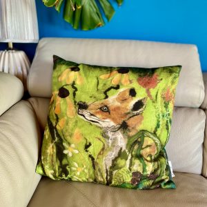 green Cushion with an image of a fox printed on