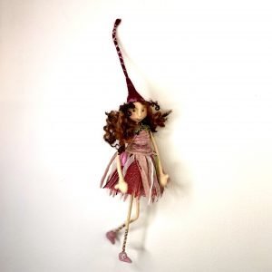 art doll made from sheep wool in red colours